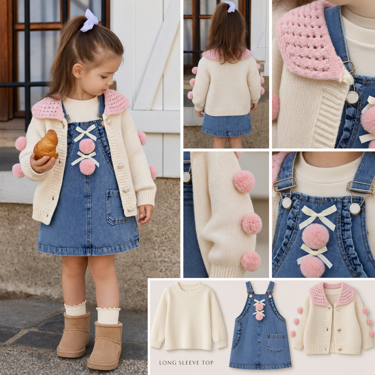 ست دخترانه سه تکه Pink Pom-Pom Dream | ژاکت بافت کرم، سارافون جین و بلوز آستین بلند